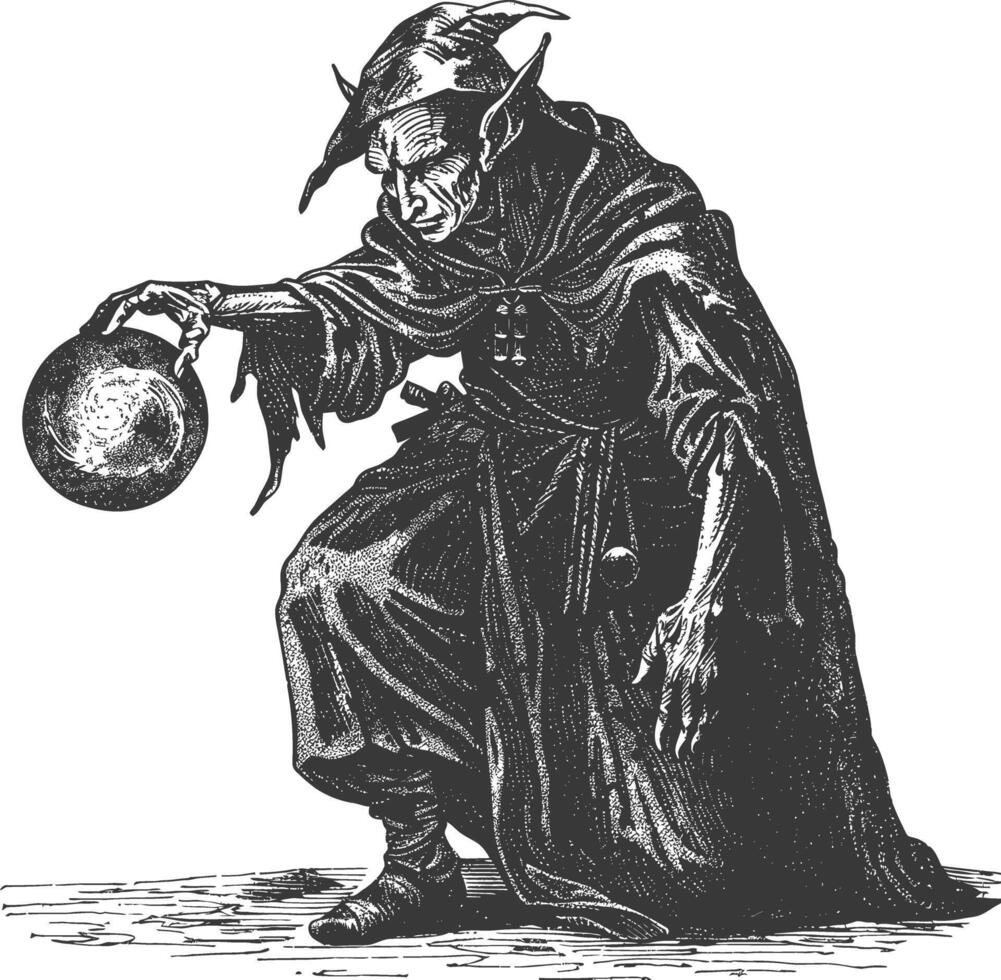 elf mage or necromancer with magical orb images using Old engraving style vector