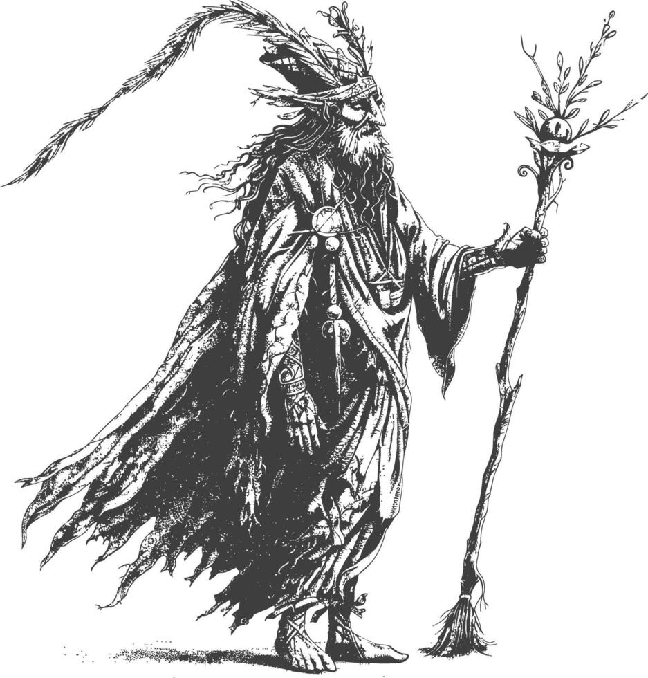 elf mage or necromancer with magical staff images using Old engraving style vector