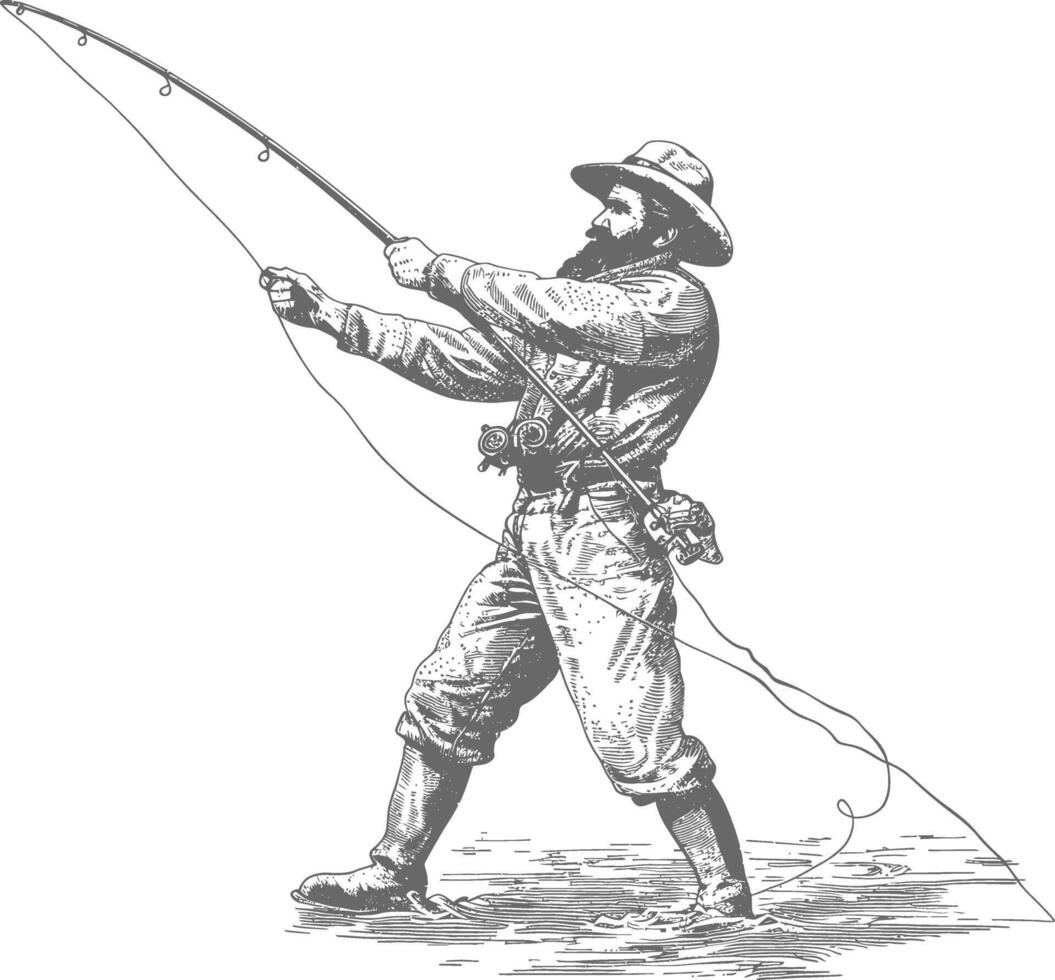 fisherman in action images using Old engraving style vector
