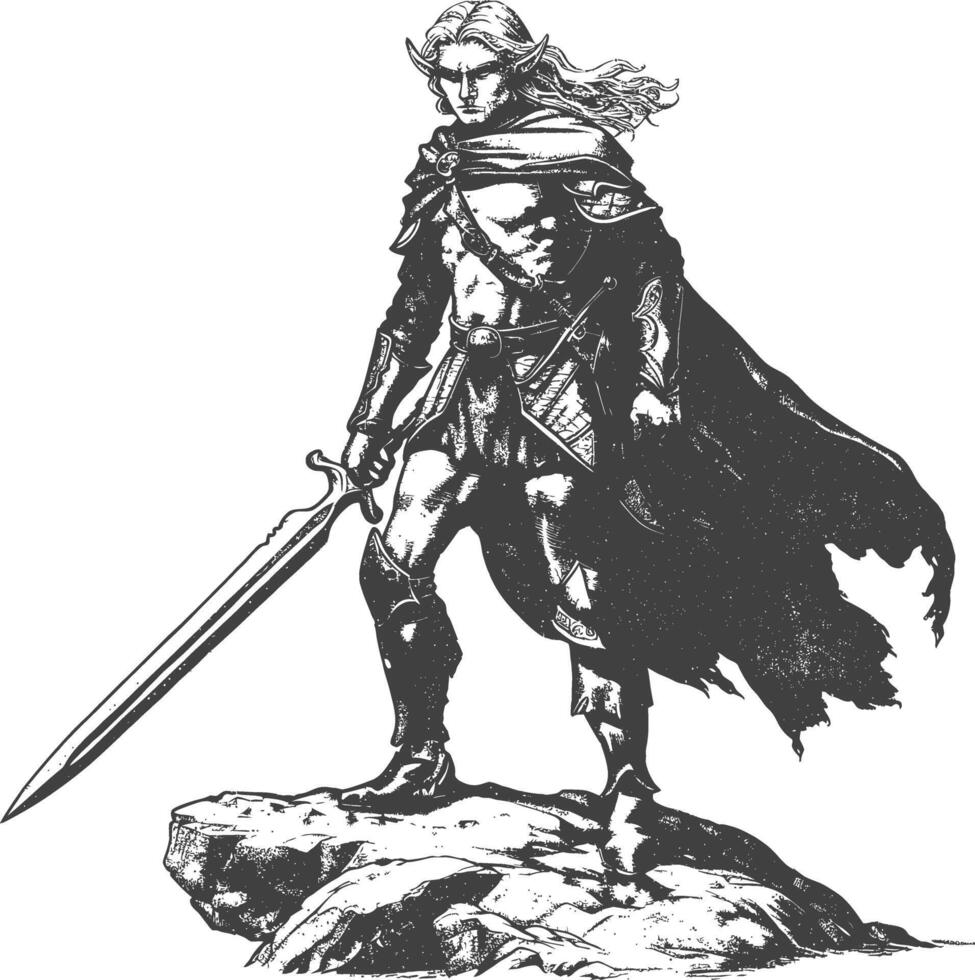 elf warrior with sword images using Old engraving style vector