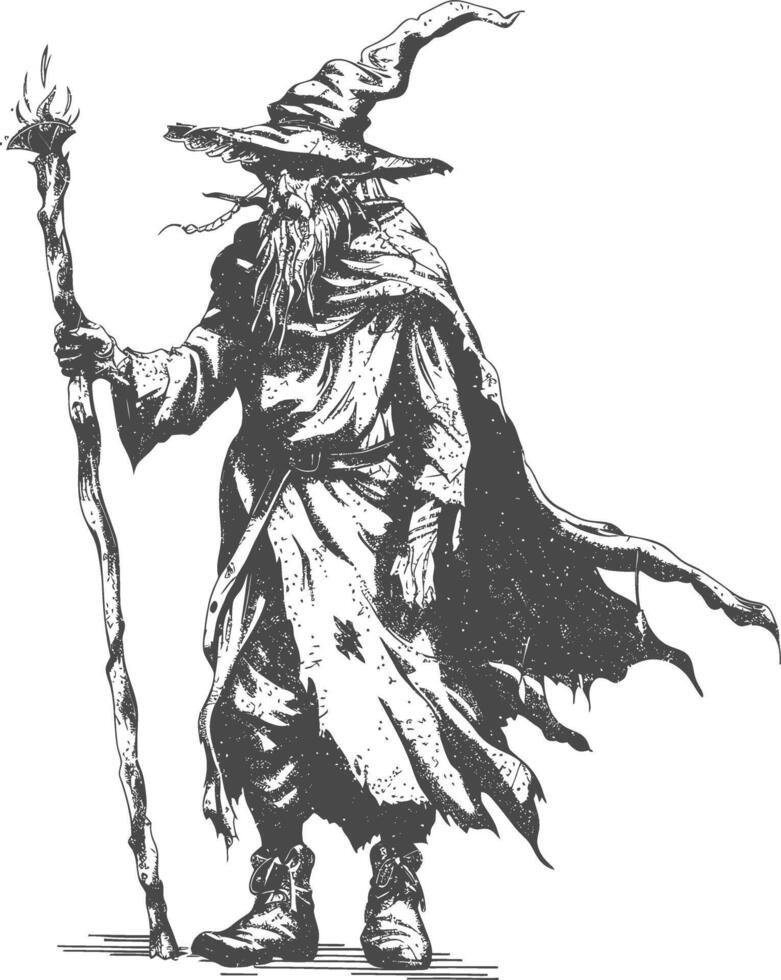 elf mage or necromancer with magical staff images using Old engraving style vector