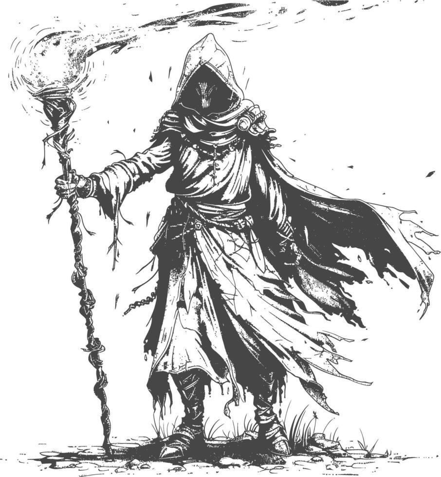 elf mage or necromancer with magical staff images using Old engraving style vector