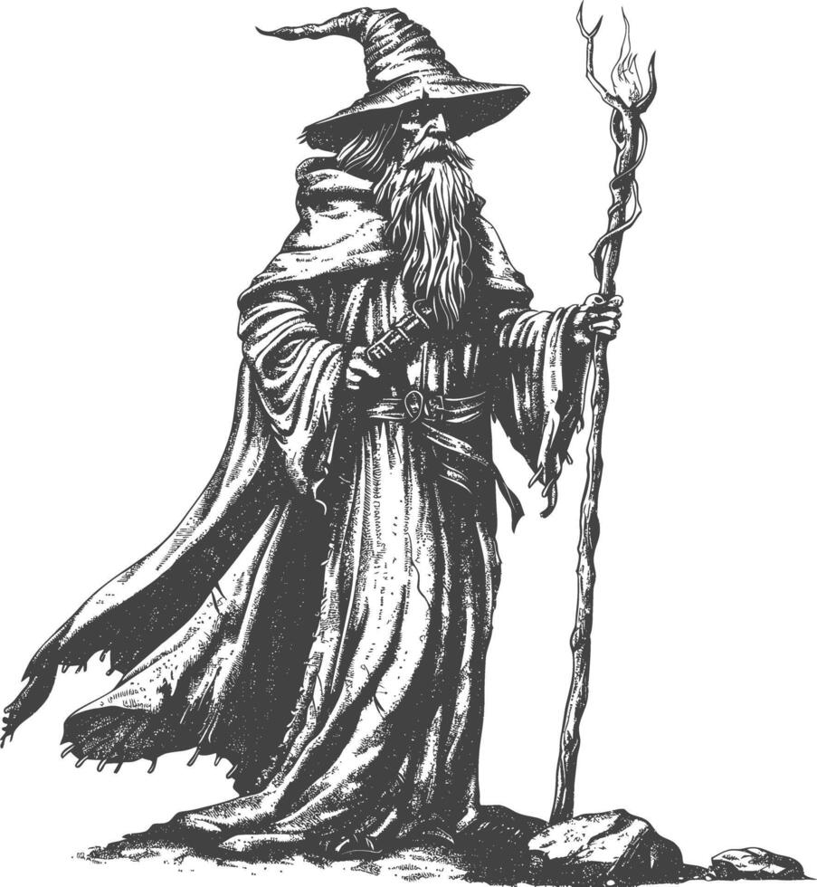 elf mage or necromancer with magical staff images using Old engraving style vector