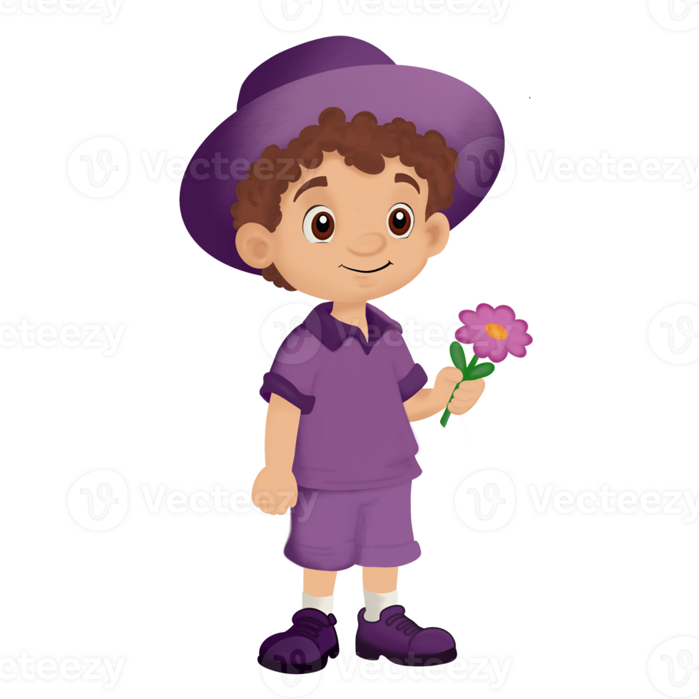 Boy in a purple hat and curly hair with a flower in his hand png