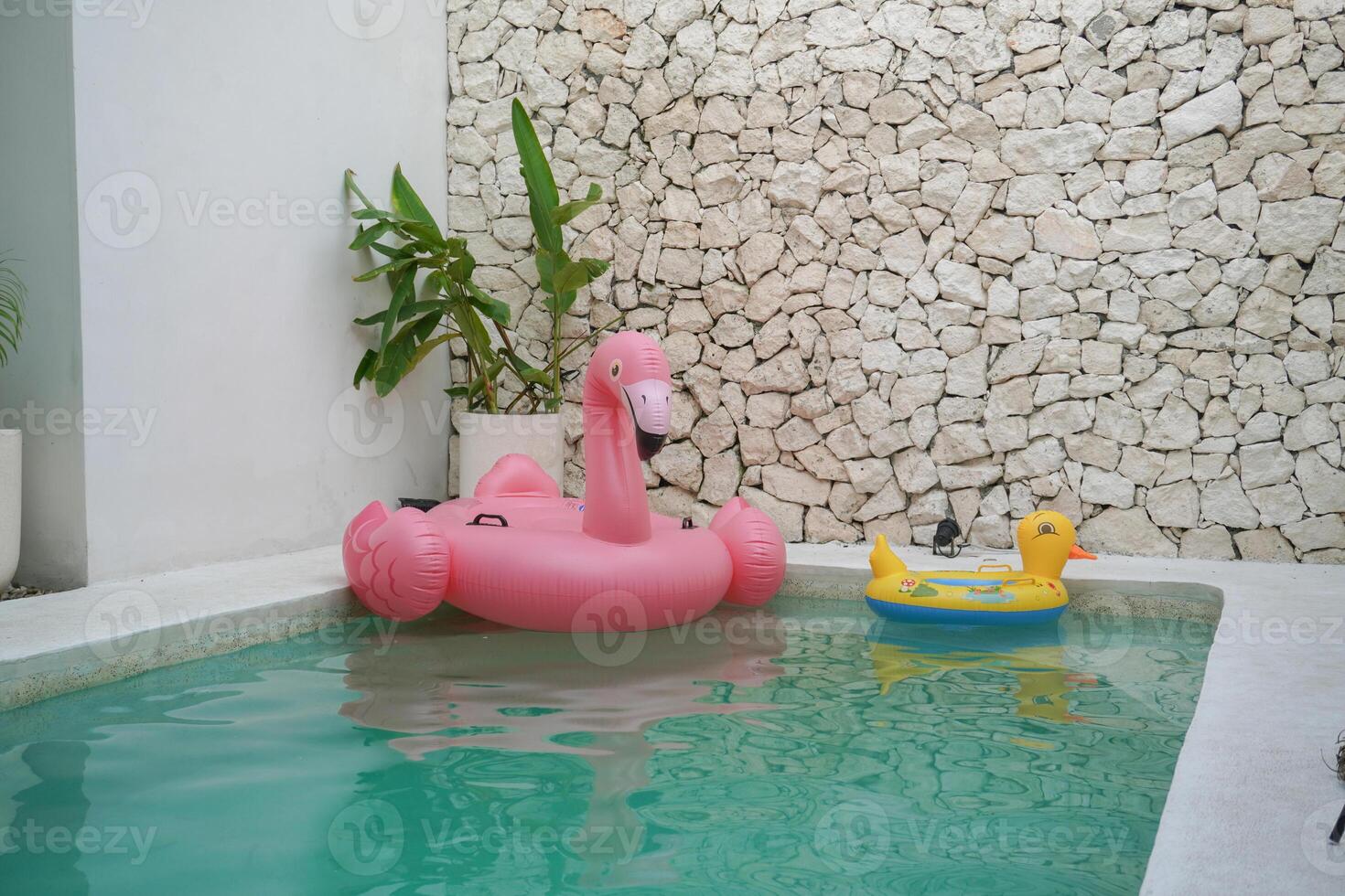 Inflatable pink flamingo and yellow duck lifebuoys float on the water in a pool in summer. Stone background with houseplants decoration on the side. Holiday and vacation concept. photo