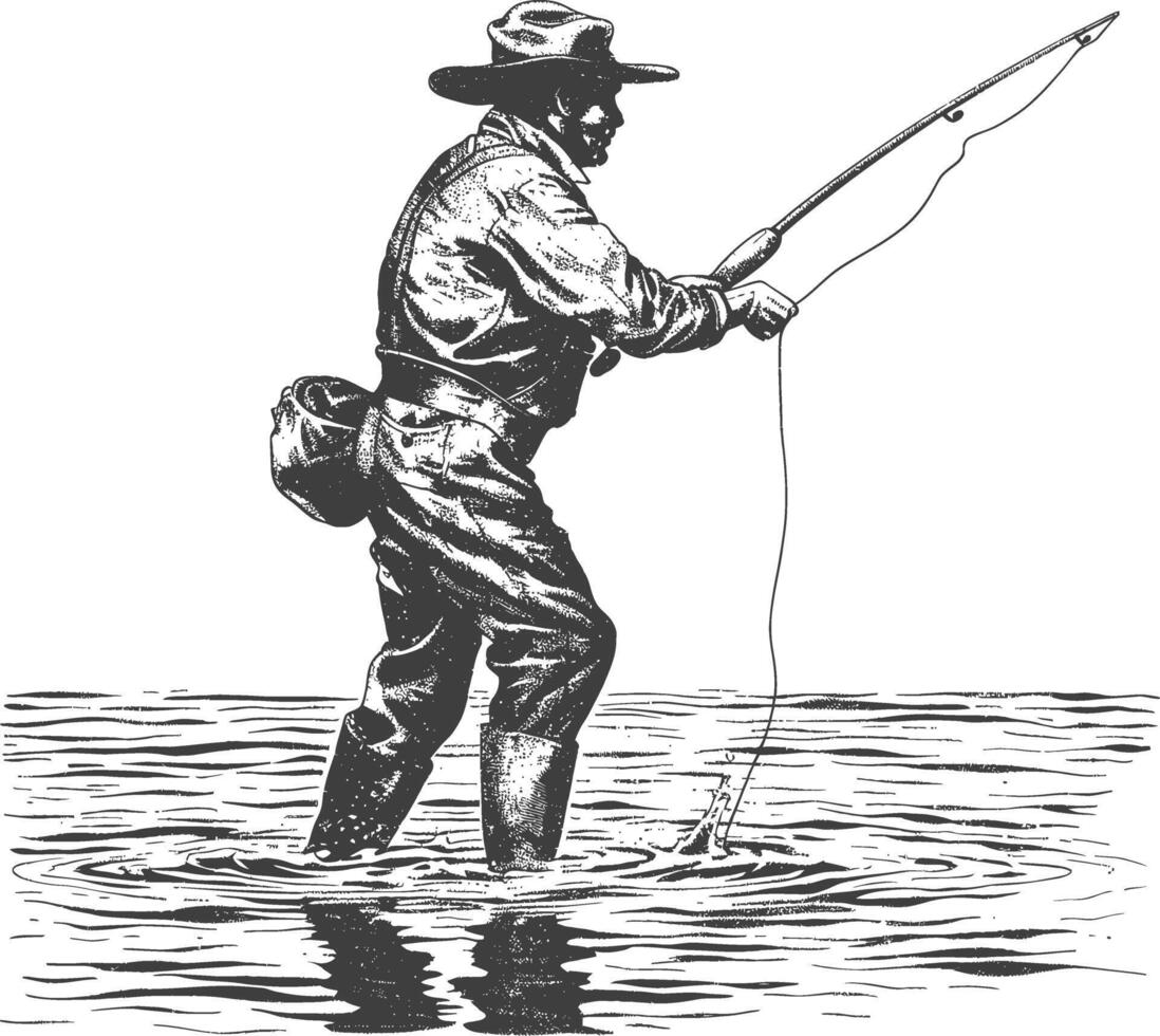fisherman in action images using Old engraving style vector