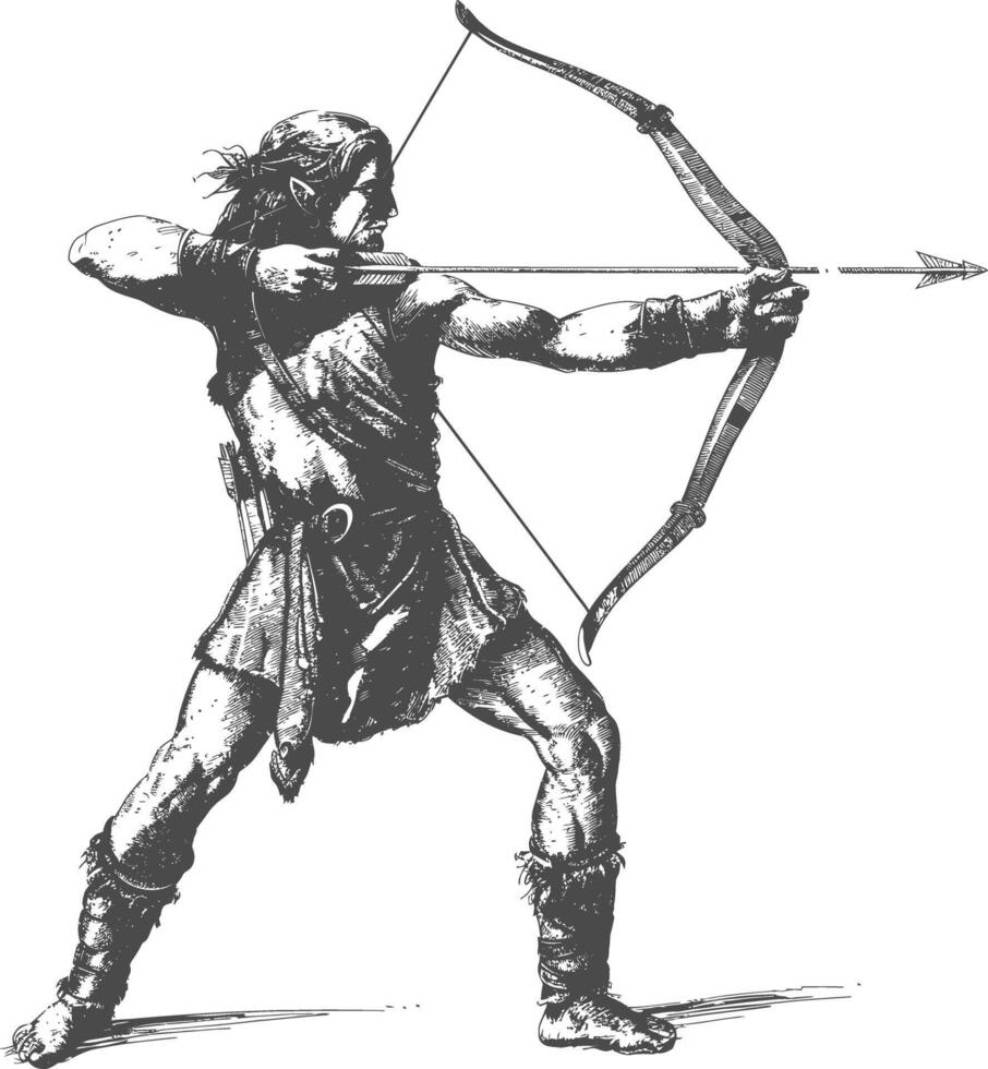 elf warrior with bow images using Old engraving style vector