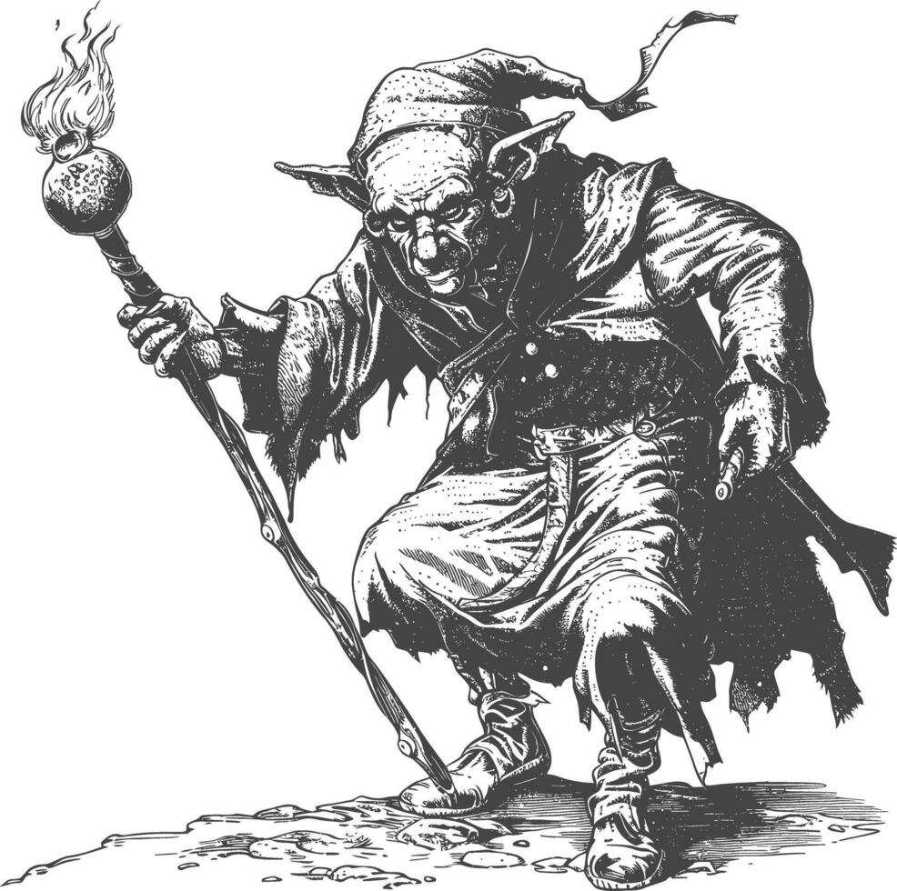 goblin mage or necromancer with magical staff images using Old engraving style vector