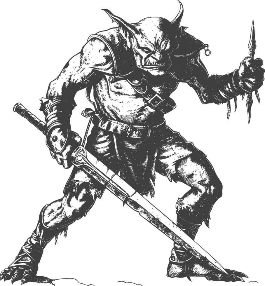 goblin warrior with sword images using Old engraving style vector