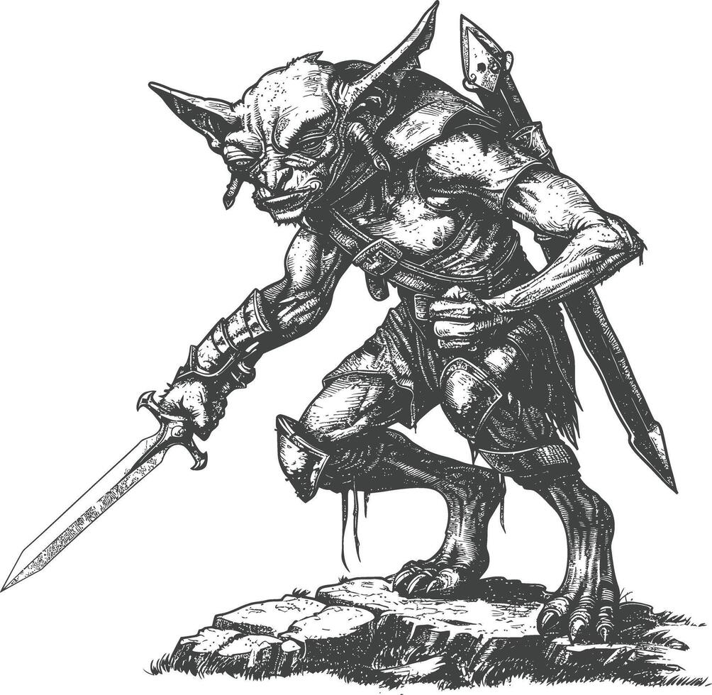 goblin warrior with sword images using Old engraving style vector