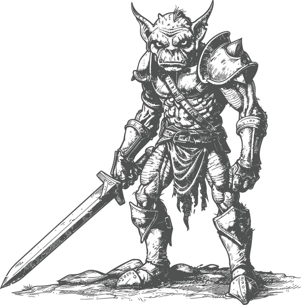 goblin warrior with sword images using Old engraving style vector