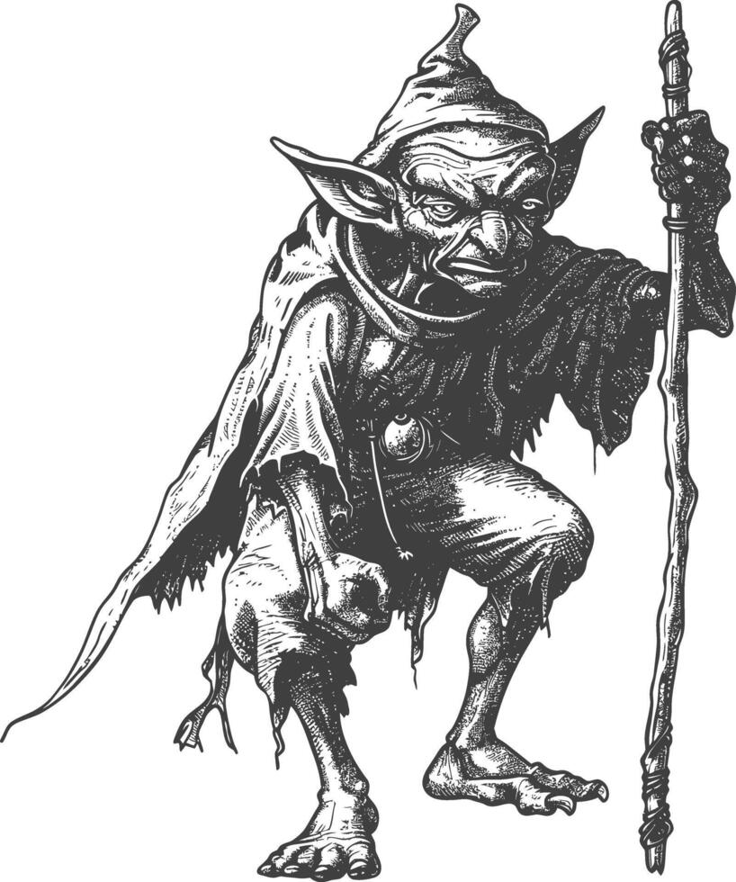 goblin mage or necromancer with magical staff images using Old engraving style vector