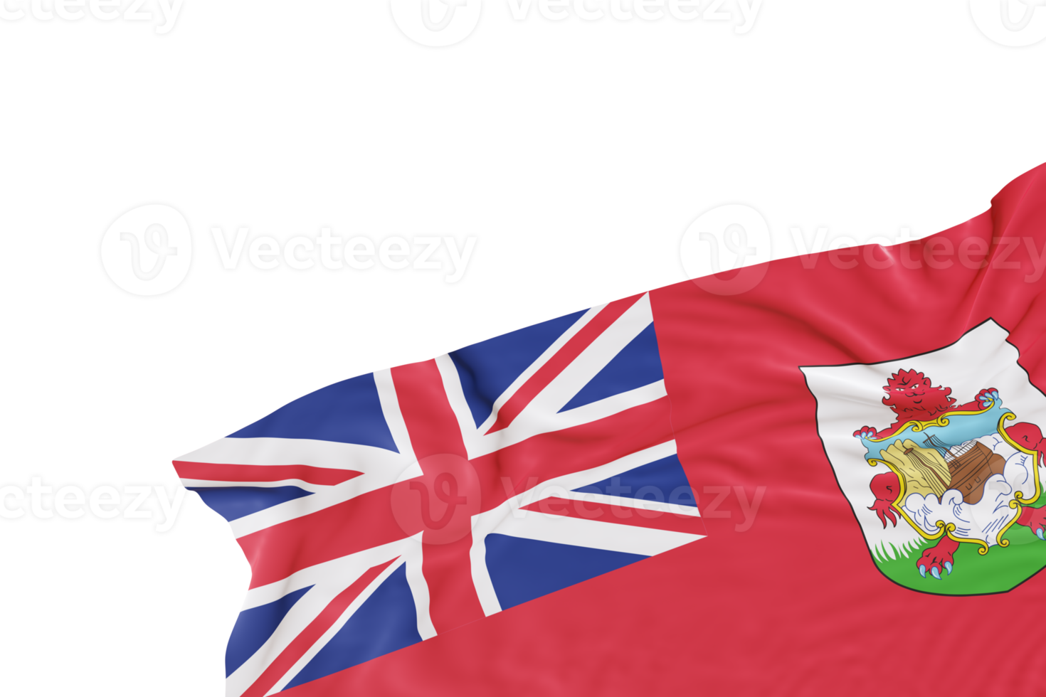 Realistic flag of Bermuda with folds, on transparent background. Footer, corner design element. Cut out. Perfect for patriotic themes or national event promotions. Empty, copy space. 3D render. png