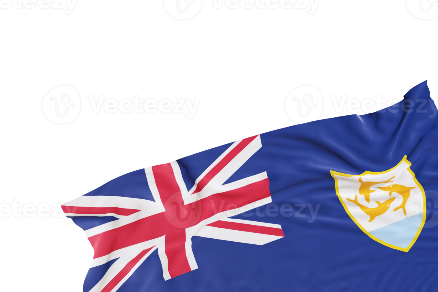 Realistic flag of Anguilla with folds, on transparent background. Footer, corner design element. Cut out. Perfect for patriotic themes or national event promotions. Empty, copy space. 3D render. png
