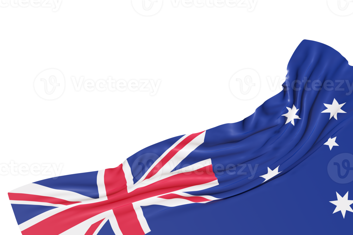 Realistic flag of Australia with folds, on transparent background. Footer, corner design element. Cut out. Perfect for patriotic themes or national event promotions. Empty, copy space. 3D render. png