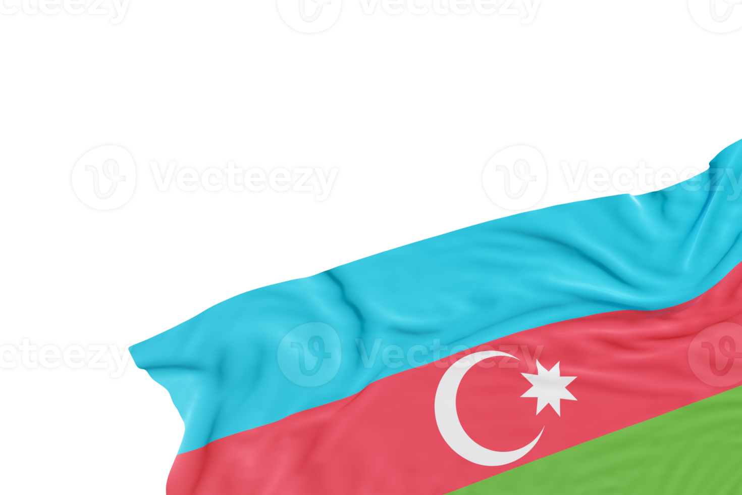 Realistic flag of Azerbaijan with folds, on transparent background. Footer, corner design element. Cut out. Perfect for patriotic themes or national event promotions. Empty, copy space. 3D render. png