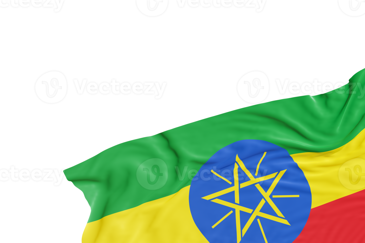Realistic flag of Ethiopia with folds, on transparent background. Footer, corner design element. Cut out. Perfect for patriotic themes or national event promotions. Empty, copy space. 3D render. png