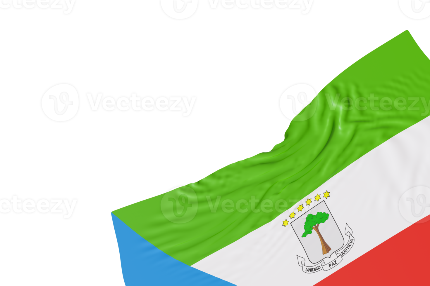 Realistic flag of Equatorial Guinea with folds, on transparent background. Footer, corner design element. Cut out. Perfect for patriotic themes or national event promotions. Empty, copy space. 3D png