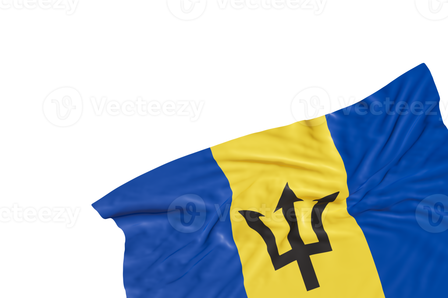 Realistic flag of Barbados with folds, on transparent background. Footer, corner design element. Cut out. Perfect for patriotic themes or national event promotions. Empty, copy space. 3D render. png