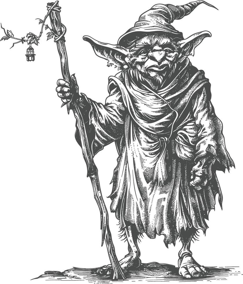 goblin mage or necromancer with magical staff images using Old engraving style vector