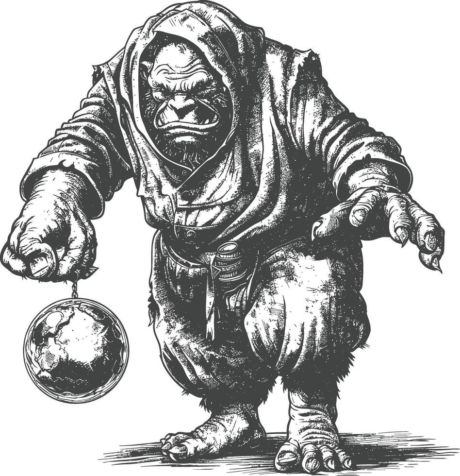 ogre mage or necromancer with magical orb images using Old engraving style vector