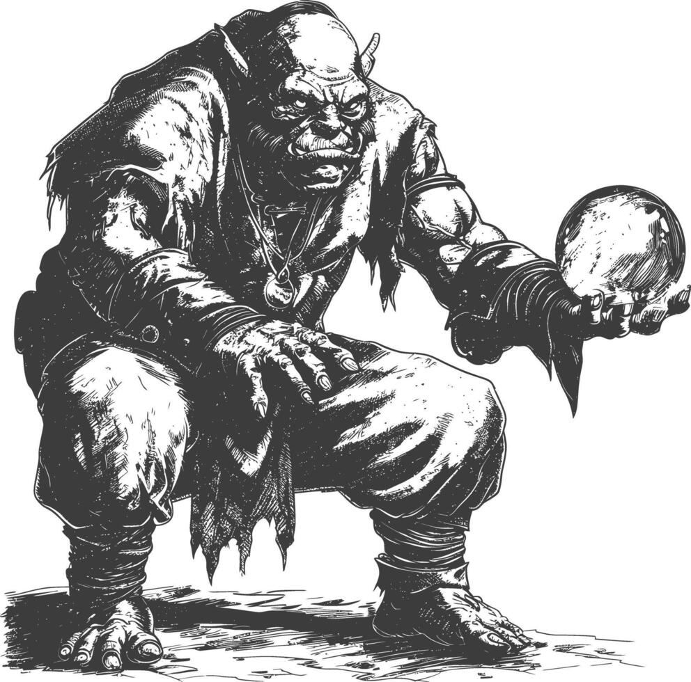 ogre mage or necromancer with magical orb images using Old engraving style vector