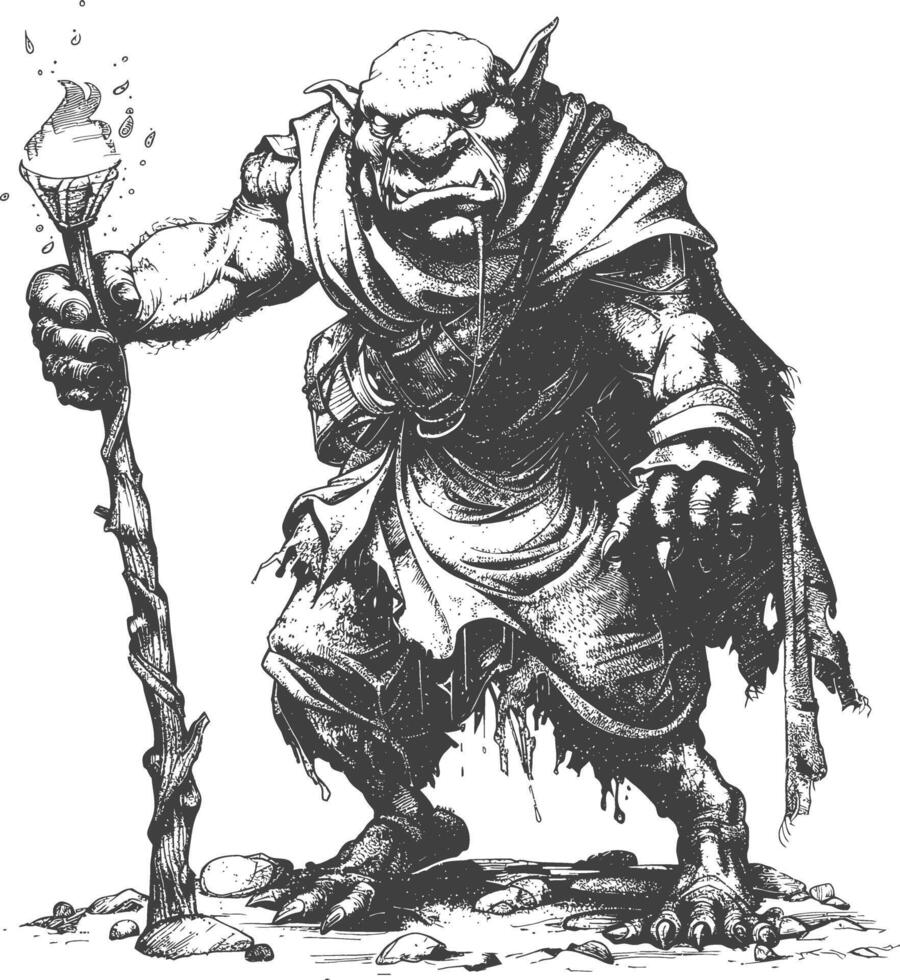 ogre mage or necromancer with magical staff images using Old engraving style vector