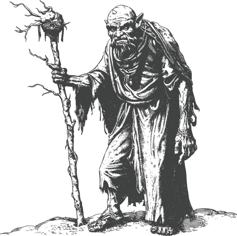 ogre mage or necromancer with magical staff images using Old engraving style vector