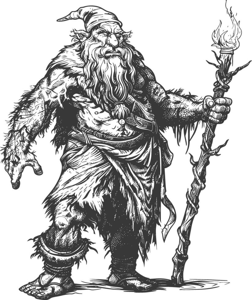 ogre mage or necromancer with magical staff images using Old engraving style vector