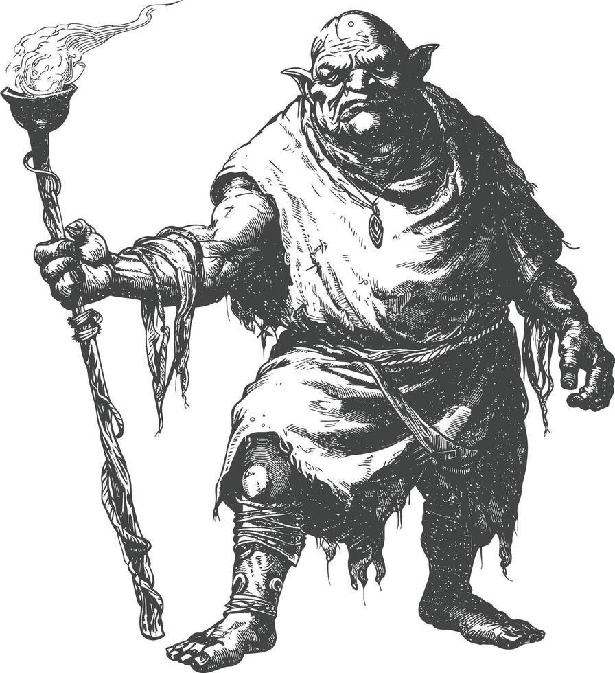 ogre mage or necromancer with magical staff images using Old engraving style vector