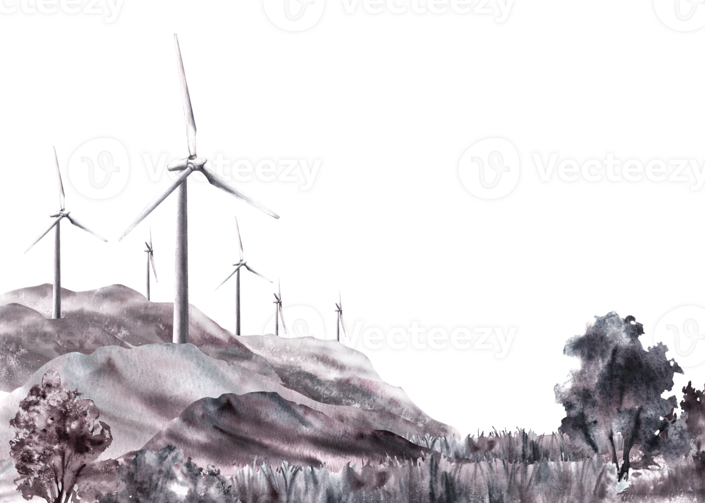 monocromático panorama com moinhos de vento, vento turbina em colinas, montanha, campo com Relva árvores mão desenhado aguarela ilustração. eco poder energia, de Meio Ambiente proteção fundo png