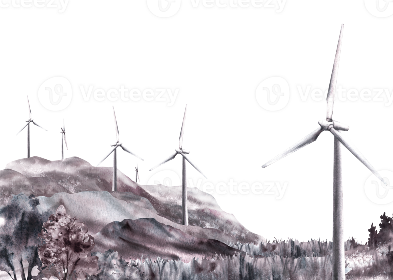 monocromático panorama com moinhos de vento, vento turbina em colinas, montanha, campo com Relva árvores mão desenhado aguarela ilustração. eco poder energia, de Meio Ambiente proteção fundo png