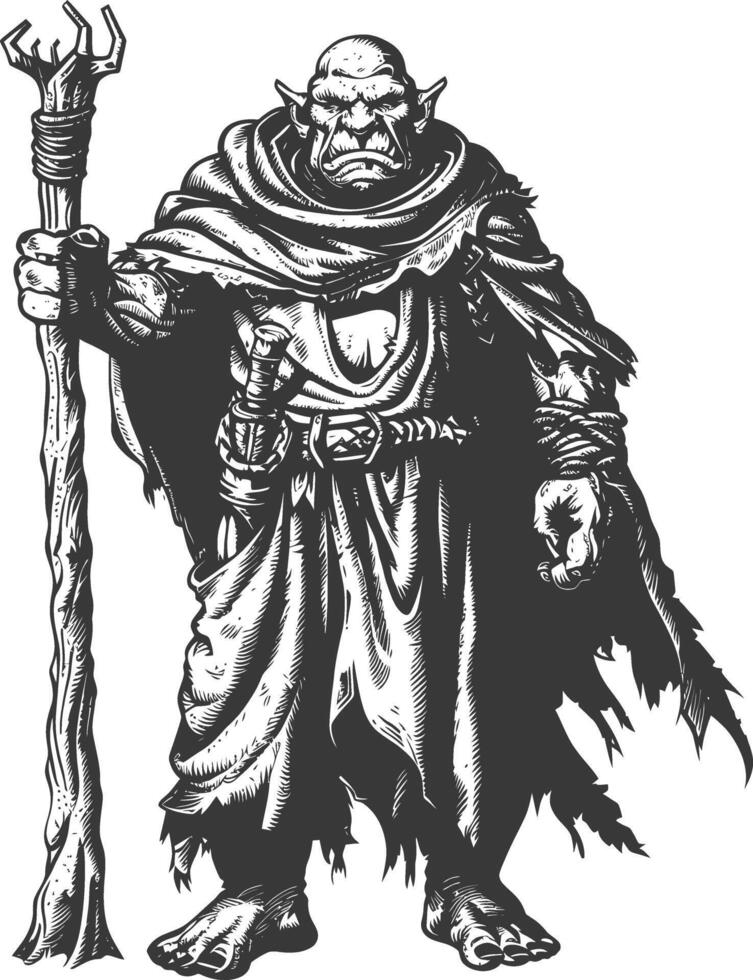 ogre mage or necromancer with magical staff images using Old engraving style vector