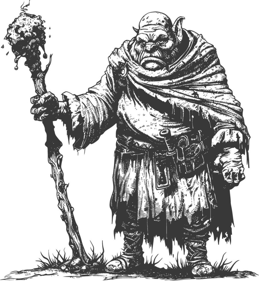 ogre mage or necromancer with magical staff images using Old engraving style vector