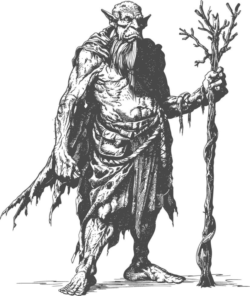 ogre mage or necromancer with magical staff images using Old engraving style vector