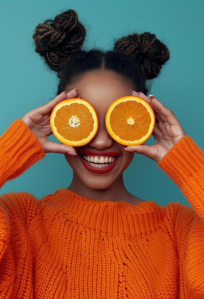 mujer participación dos naranja rebanadas en frente de ojos foto