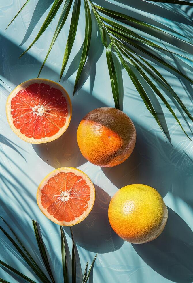 Citrus Fruits and Palm Leaves on Blue Background photo