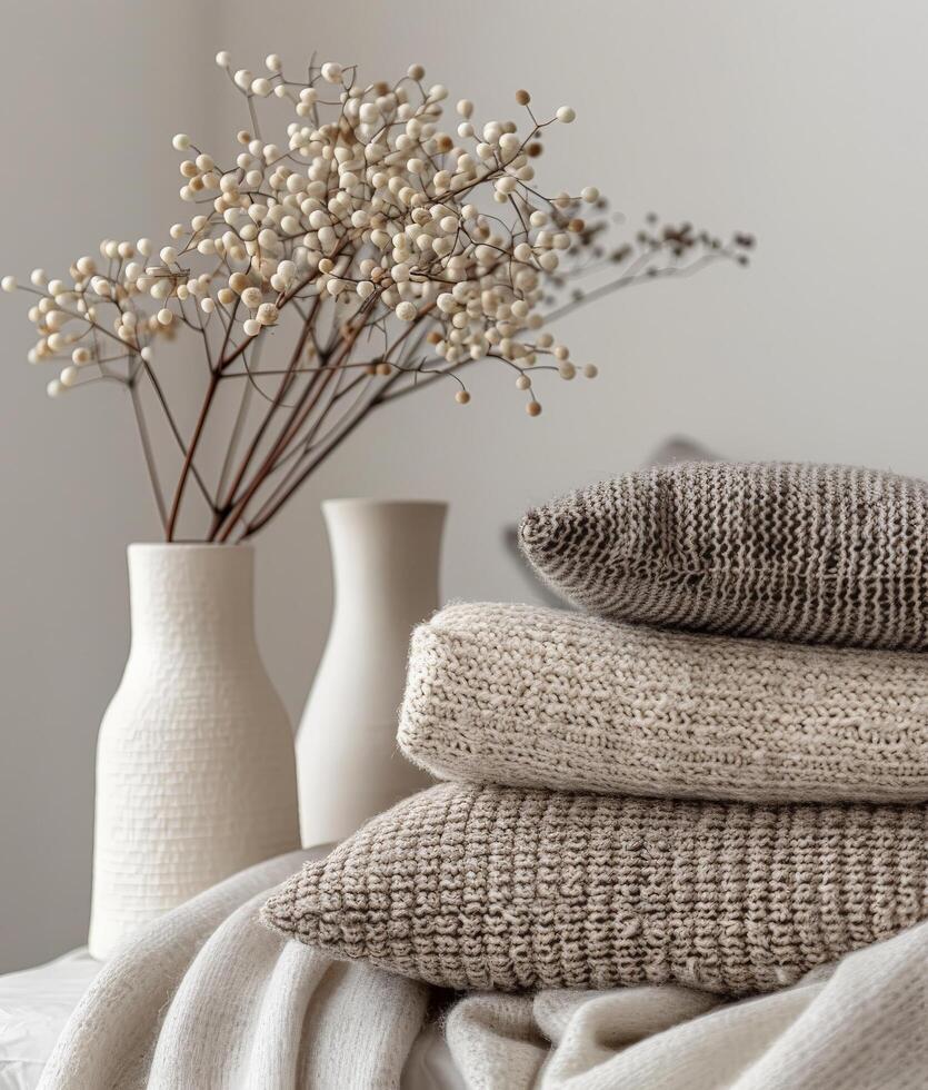 Neatly Stacked Blankets and Pillows on a Bed photo
