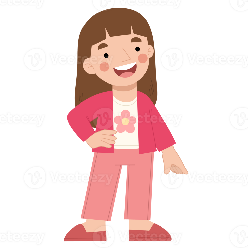 Cheerful little girl standing cartoon hand drawn illustration png