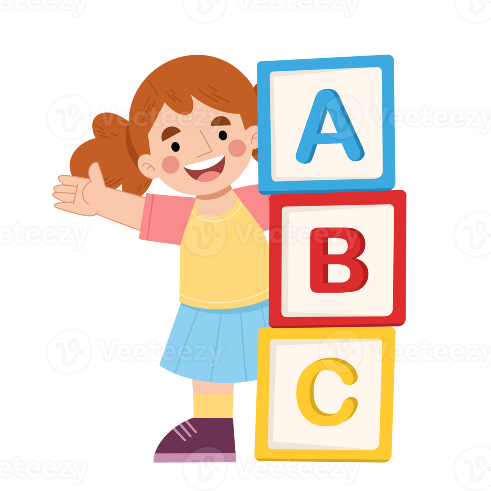 Girl with alphabet cartoon hand drawn illustration. Education illustration concept png