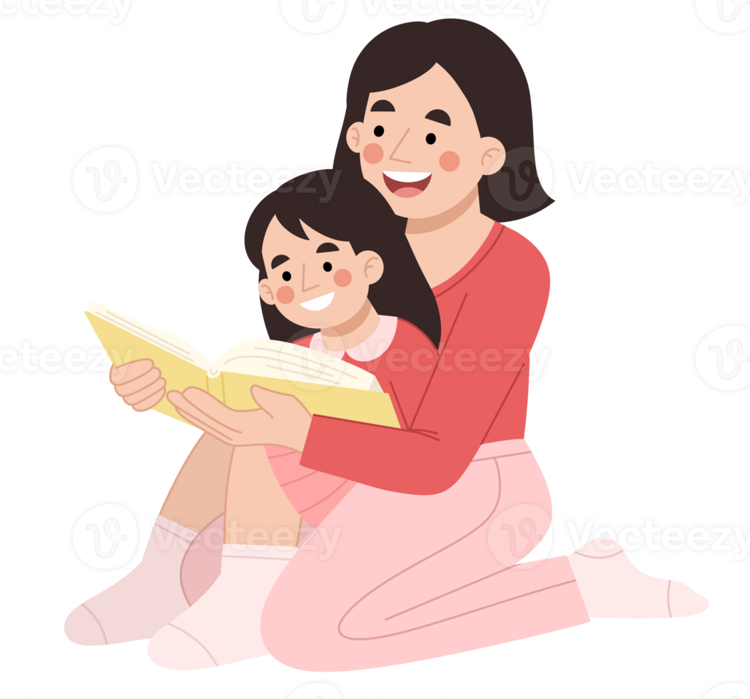 Mother and daughter reading book cartoon hand drawn illustration png