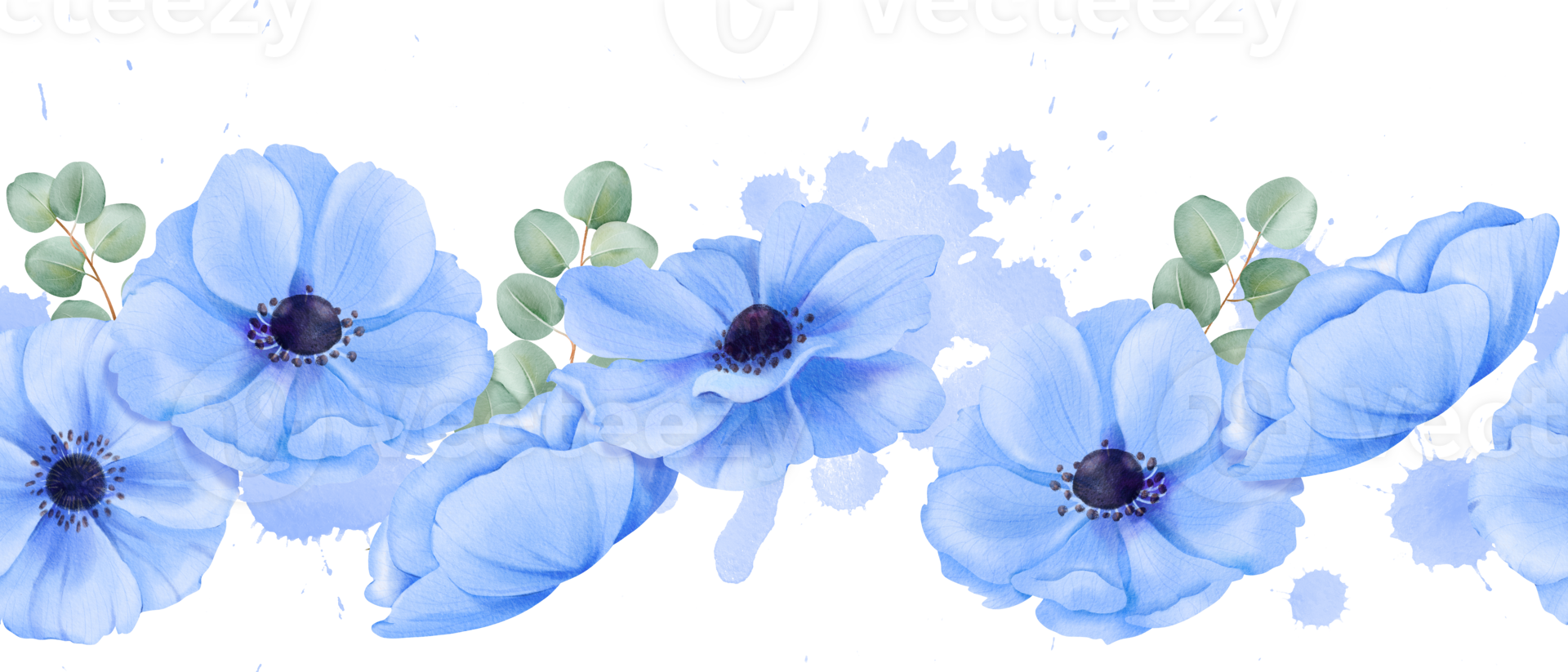 A seamless border featuring delicate blue anemones and eucalyptus leaves. watercolor illustration for digital backgrounds, scrapbooking stationery design or social media graphics png