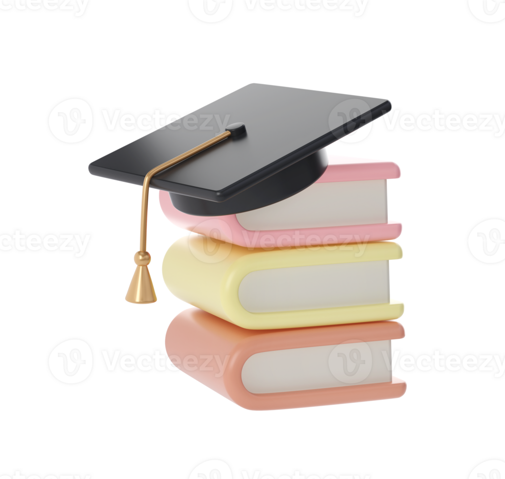3D Stack of Closed Books and university or college black cap graduate Icon. Render Education or Business Literature. E-book, Literature, Encyclopedia, Textbook Illustration png