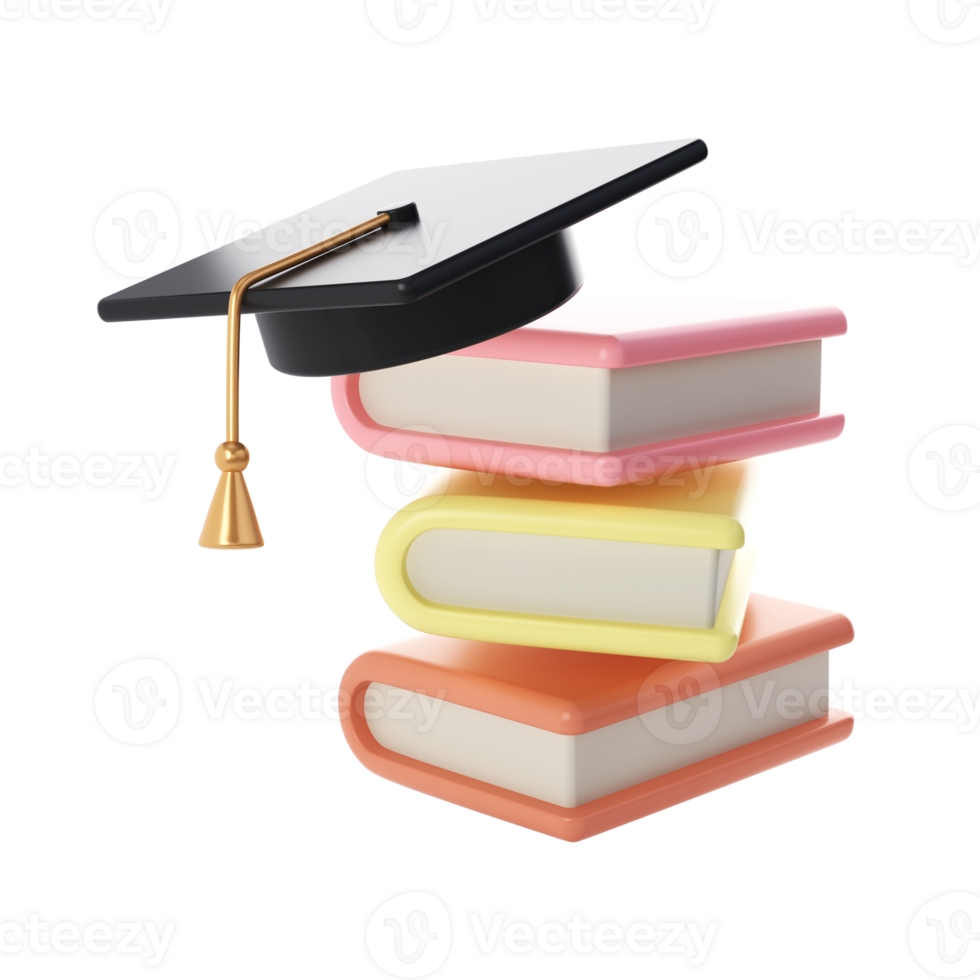 3D Stack of air Closed Books and university or college black cap Icon. Render Educational or Business Literature. E-book, Literature, Encyclopedia, Textbook Illustration png