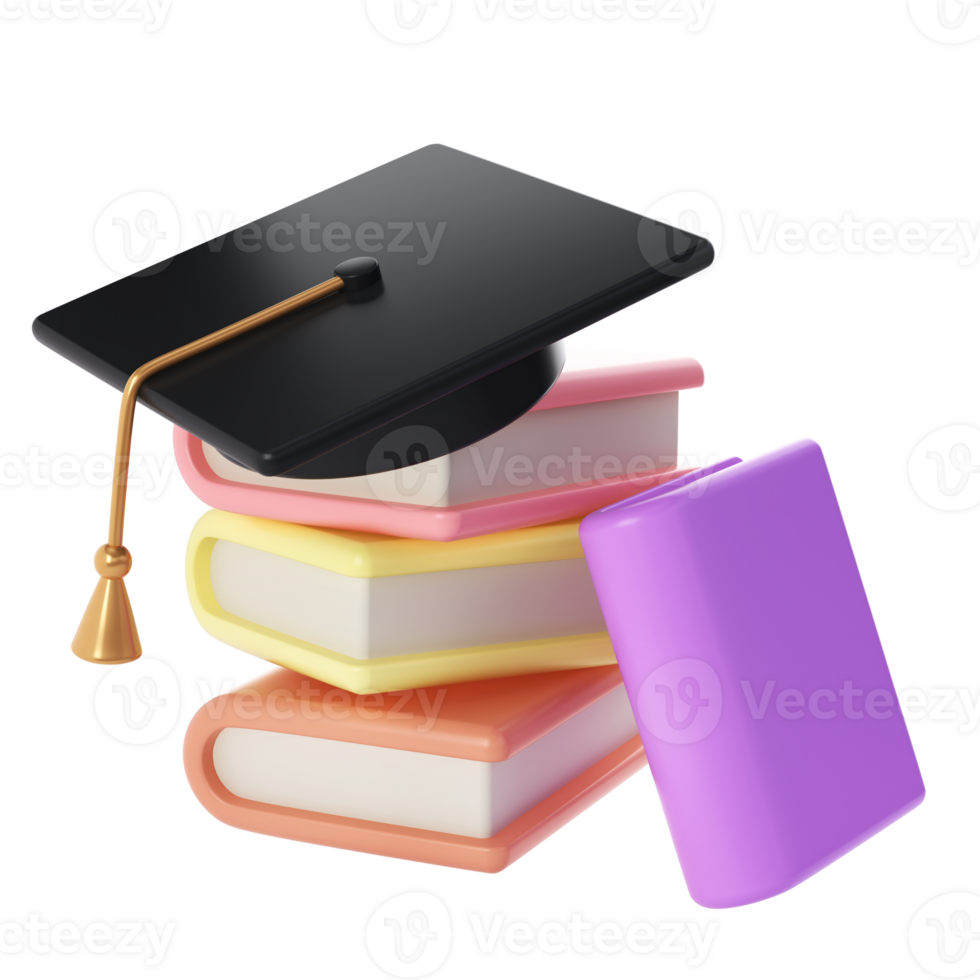 3D Stack of Closed Books and university or college black cap graduate Icon. Render Education or Business Literature. E-book, Literature, Encyclopedia, Textbook Illustration png