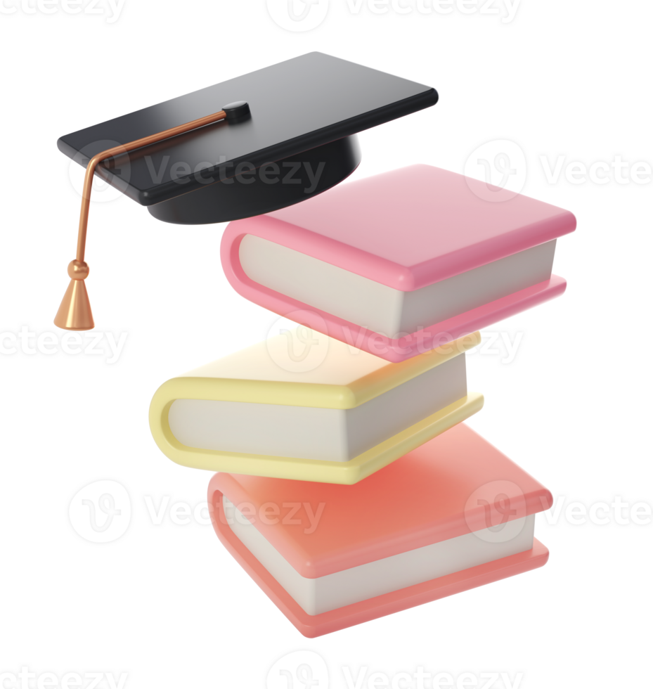 3D Stack of Closed Books and university or college black cap graduate Icon. Render Education or Business Literature. E-book, Literature, Encyclopedia, Textbook Illustration png