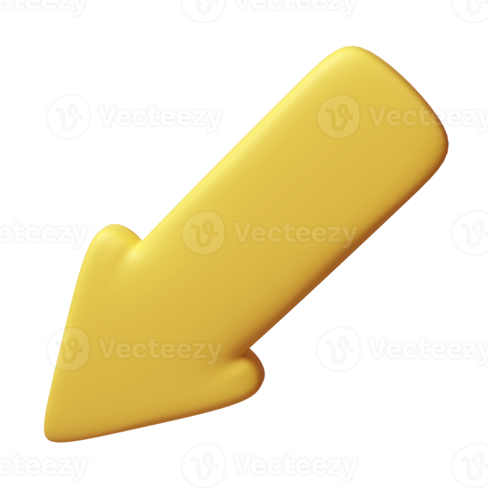 Arrow pointing forward and right yellow color. Realistic 3d design In plastic cartoon style. Icon illustration png