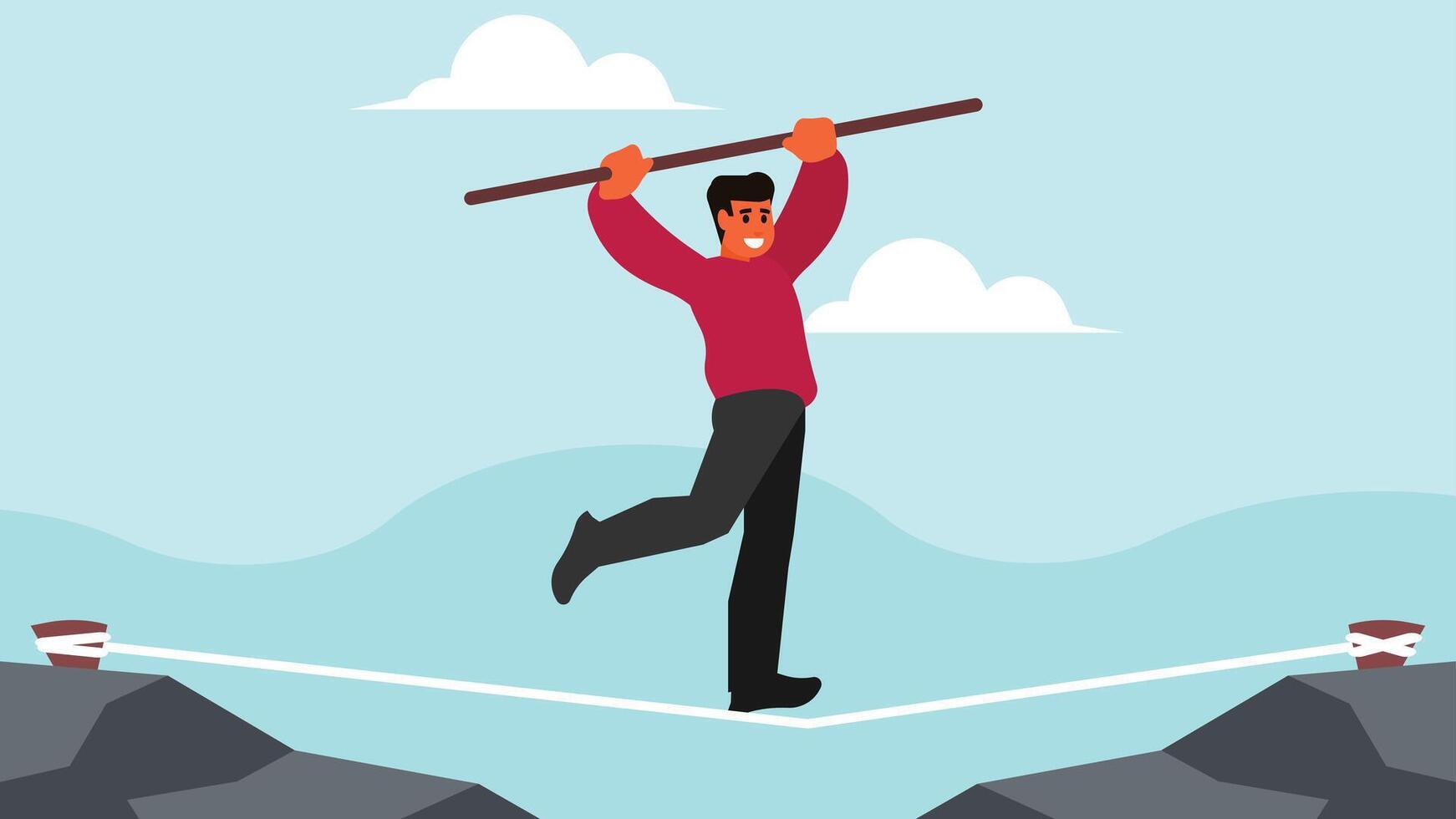 person walking on a line using balance stick between two edges illustration vector