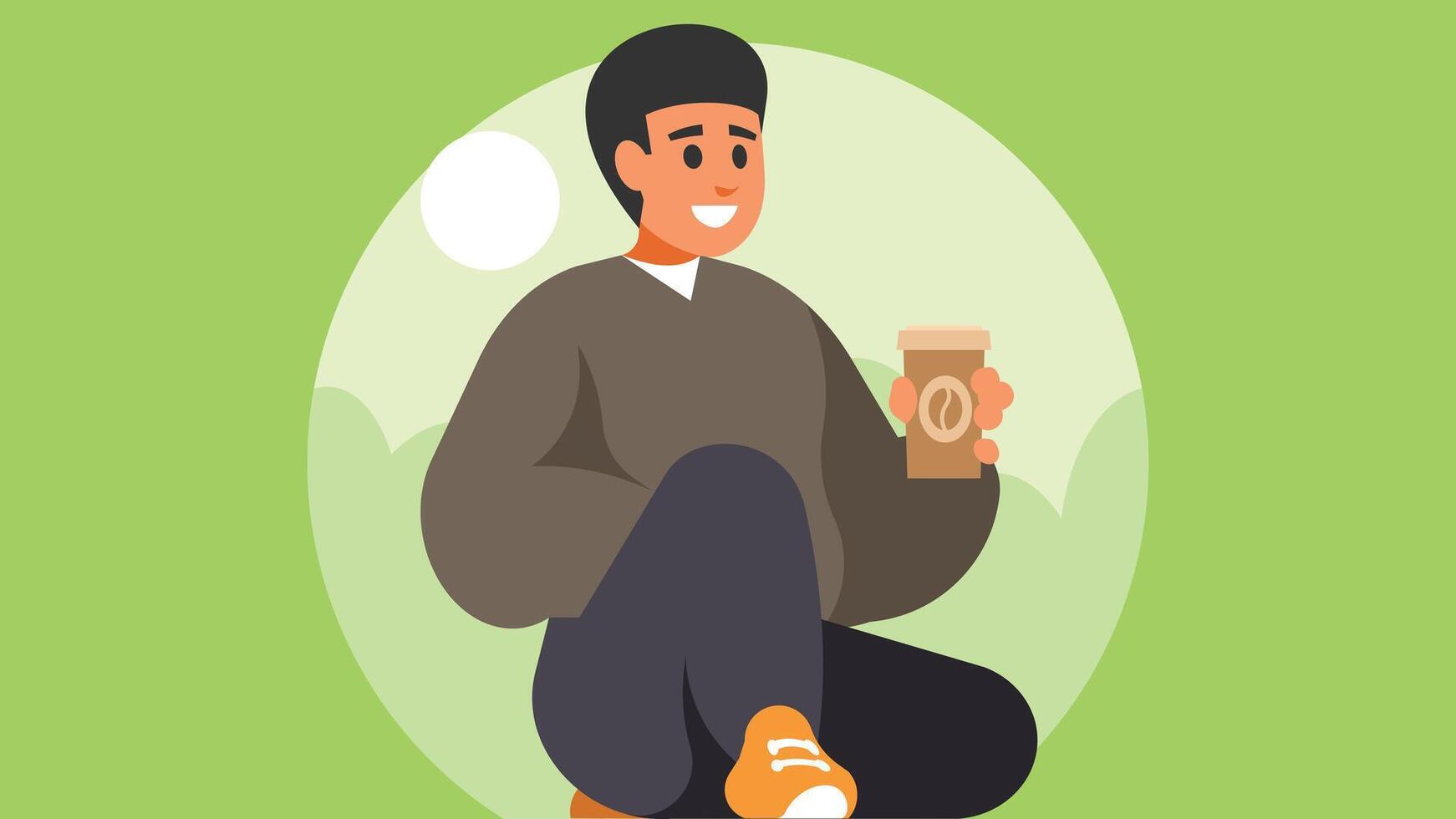 person hold a cup of coffee and sits on the ground illustration vector