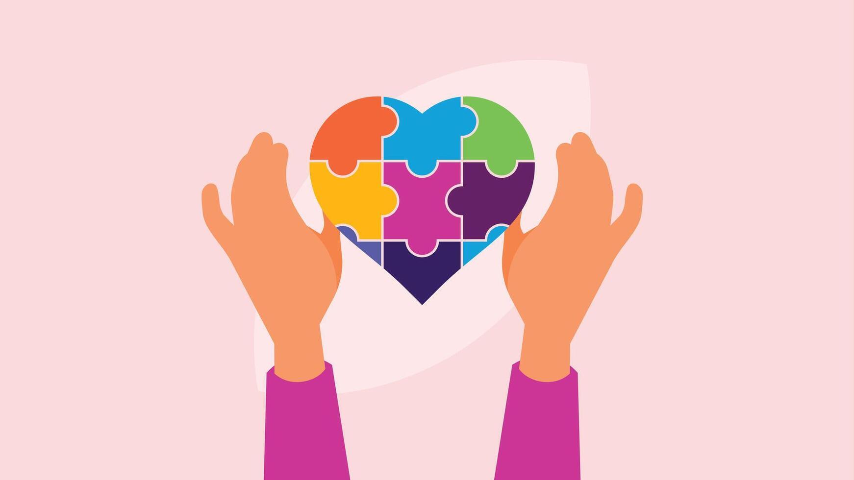 person complete a heart shaped puzzle flat design vector
